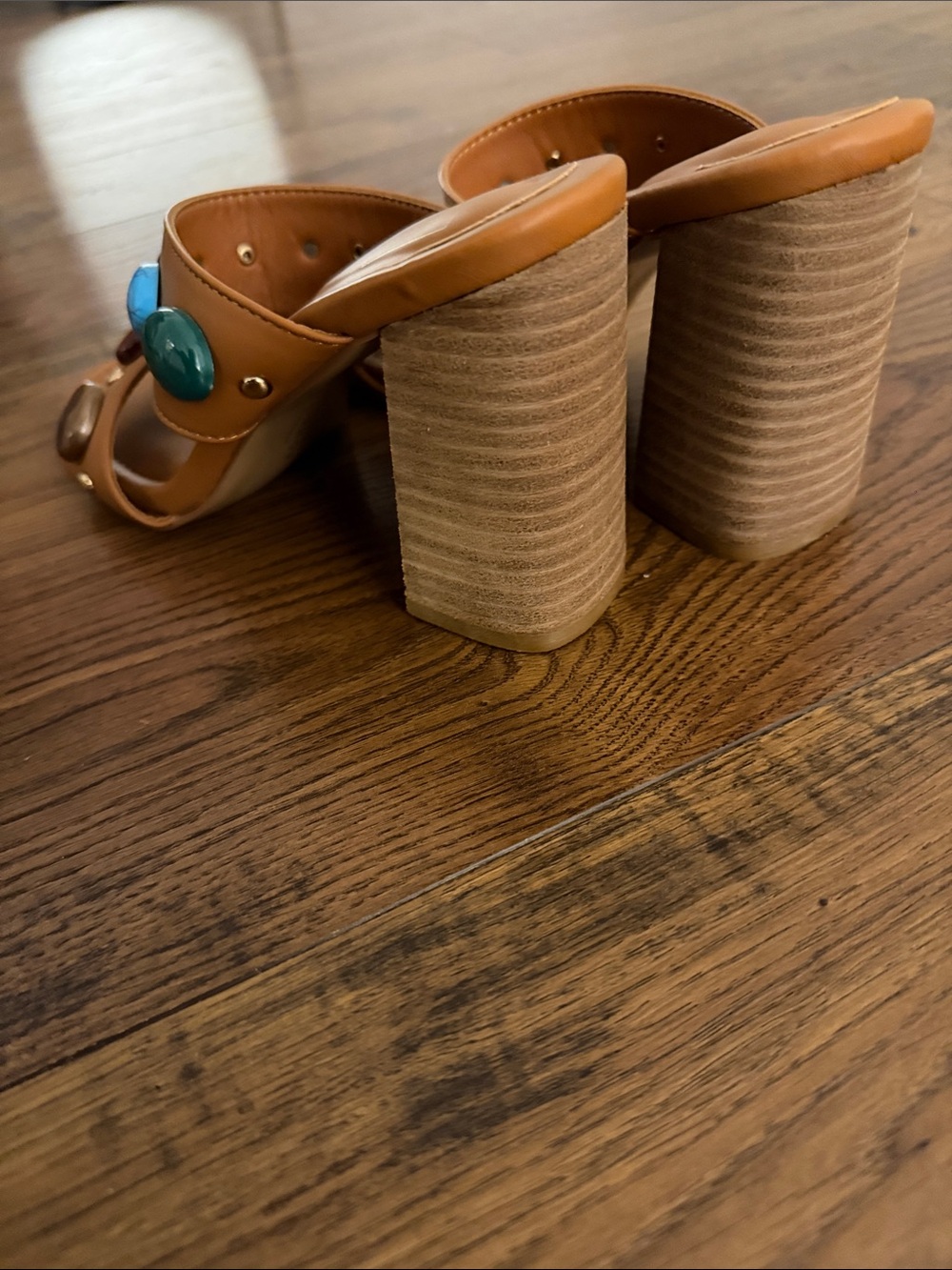 ShuShop Tan Block Heel Mule with Multicolored Stone Accents - Picture 4 of 5